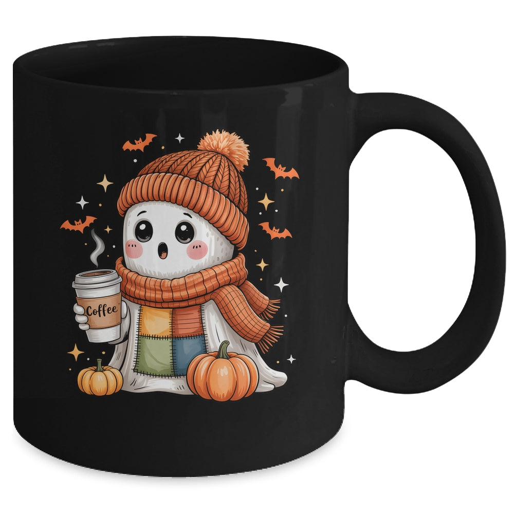 Cute Ghost Drinking Coffee Halloween Patchwork Ghost Women Mug | siriusteestore