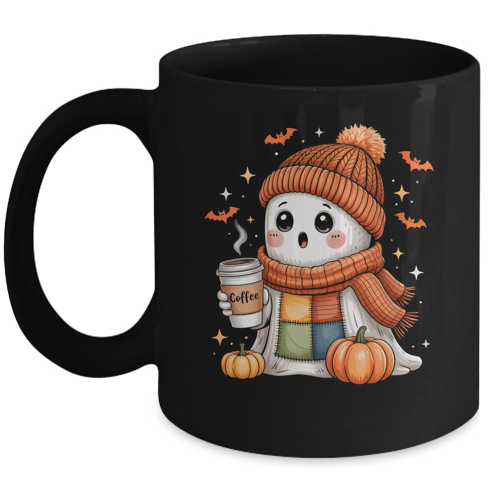 Cute Ghost Drinking Coffee Halloween Patchwork Ghost Women Mug | siriusteestore