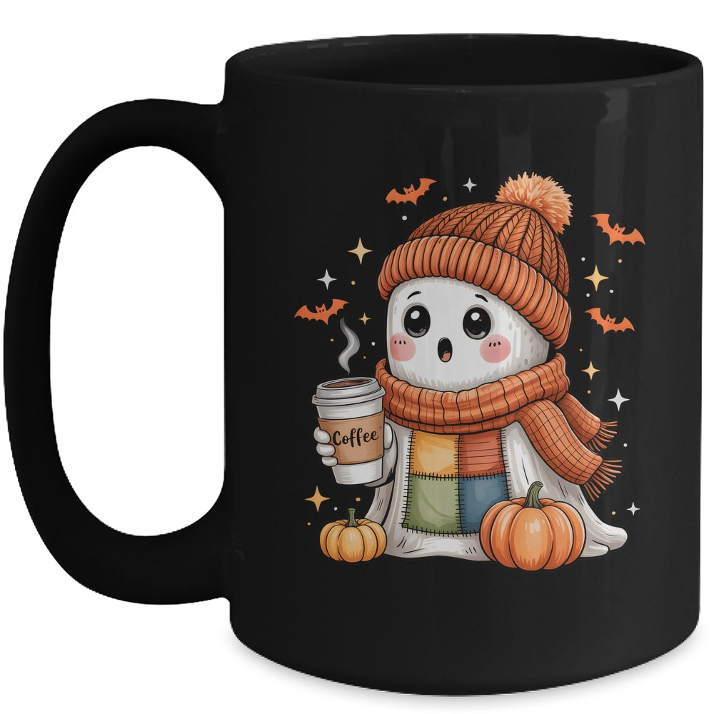 Cute Ghost Drinking Coffee Halloween Patchwork Ghost Women Mug | siriusteestore