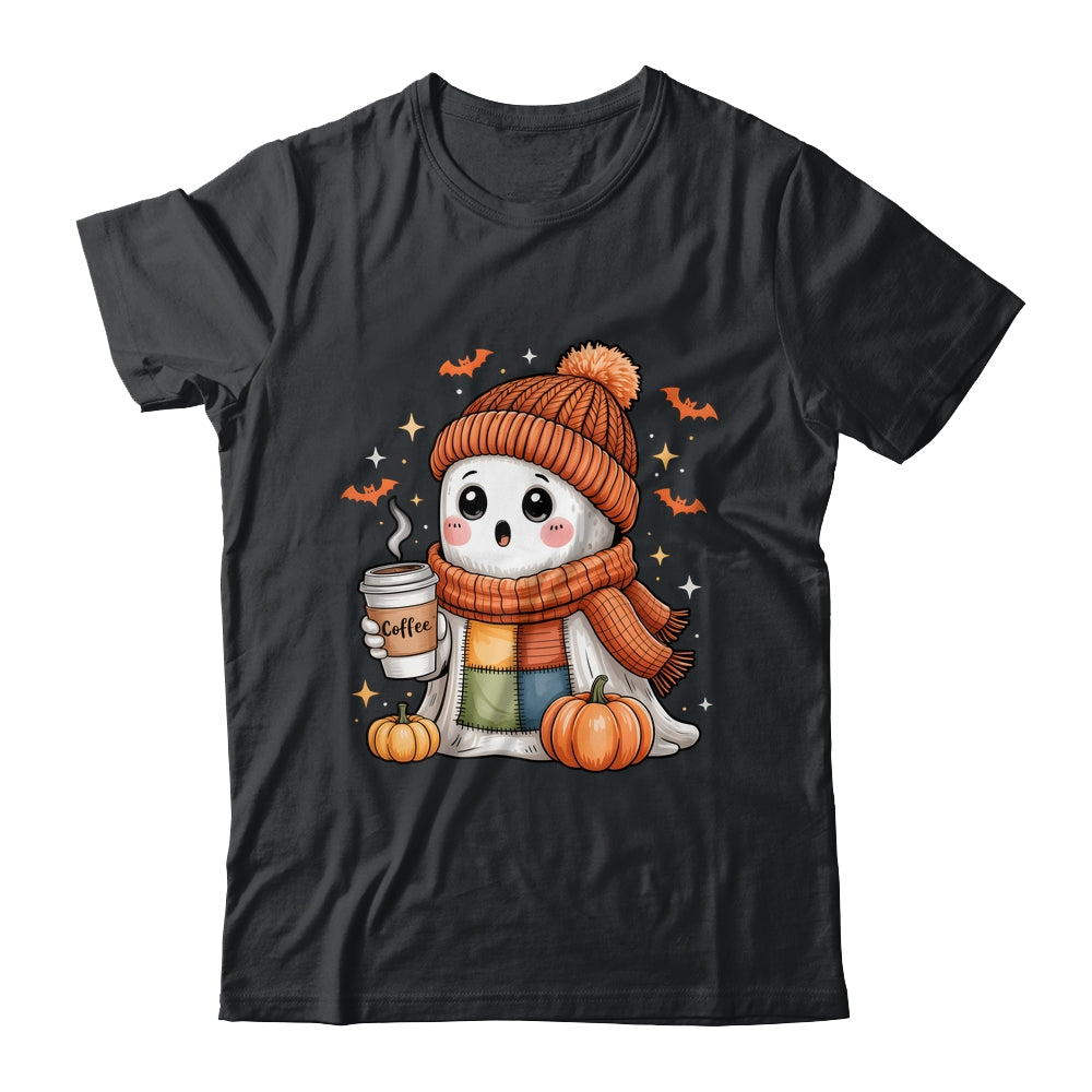 Cute Ghost Drinking Coffee Halloween Patchwork Ghost Women Shirt & Hoodie | siriusteestore