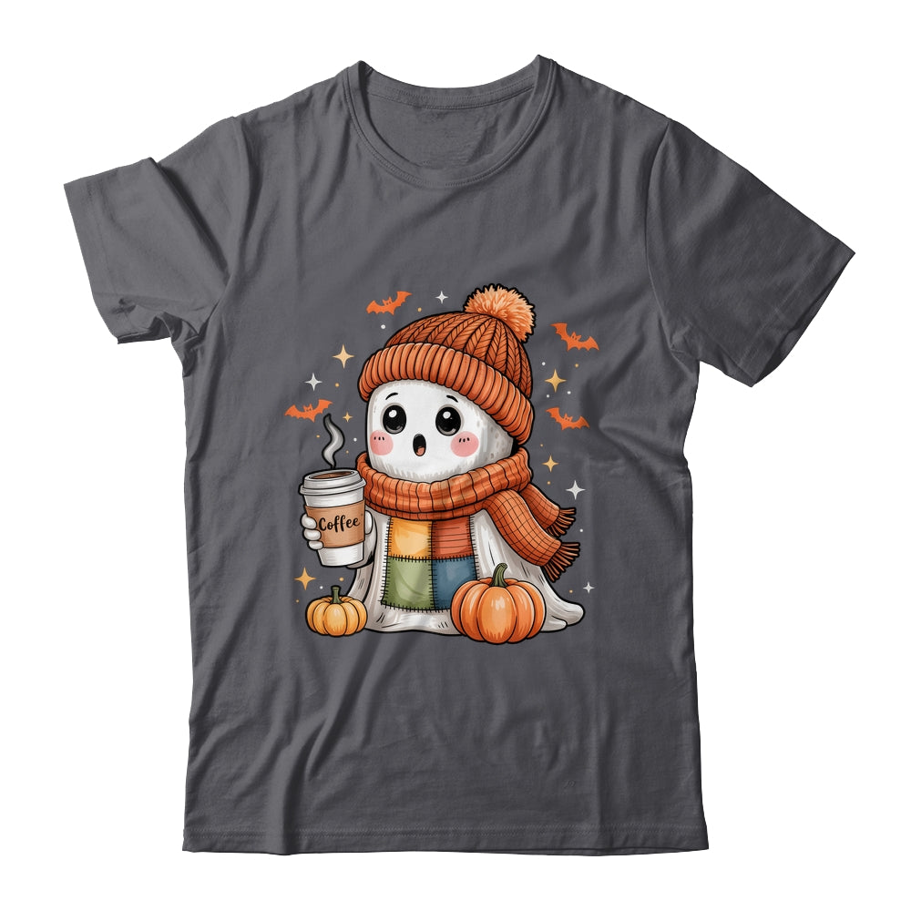 Cute Ghost Drinking Coffee Halloween Patchwork Ghost Women Shirt & Hoodie | siriusteestore