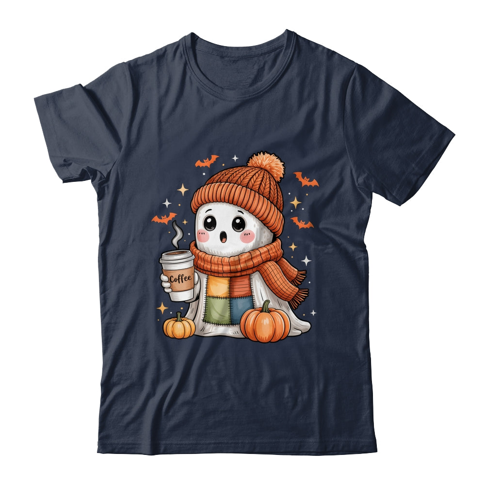 Cute Ghost Drinking Coffee Halloween Patchwork Ghost Women Shirt & Hoodie | siriusteestore