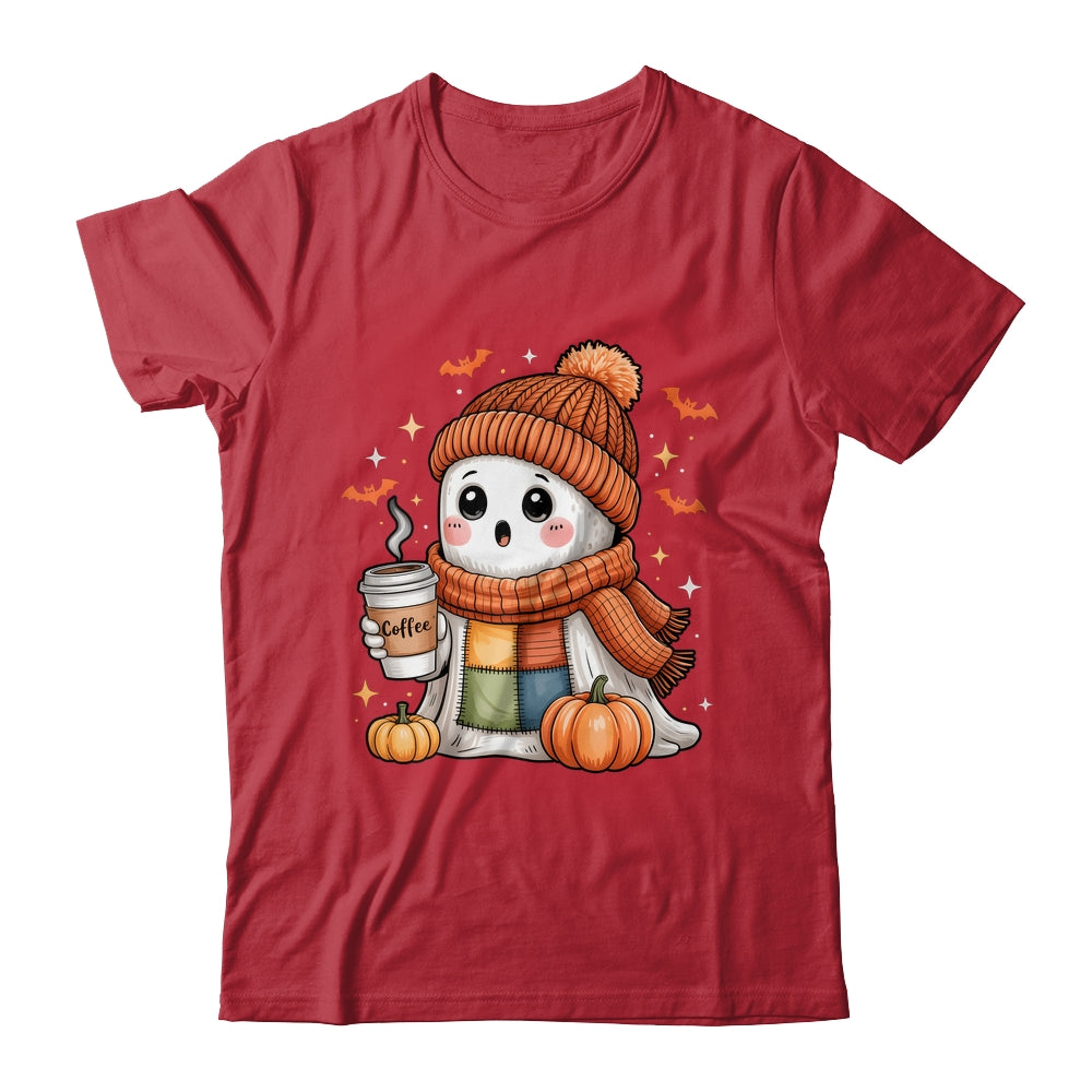 Cute Ghost Drinking Coffee Halloween Patchwork Ghost Women Shirt & Hoodie | siriusteestore
