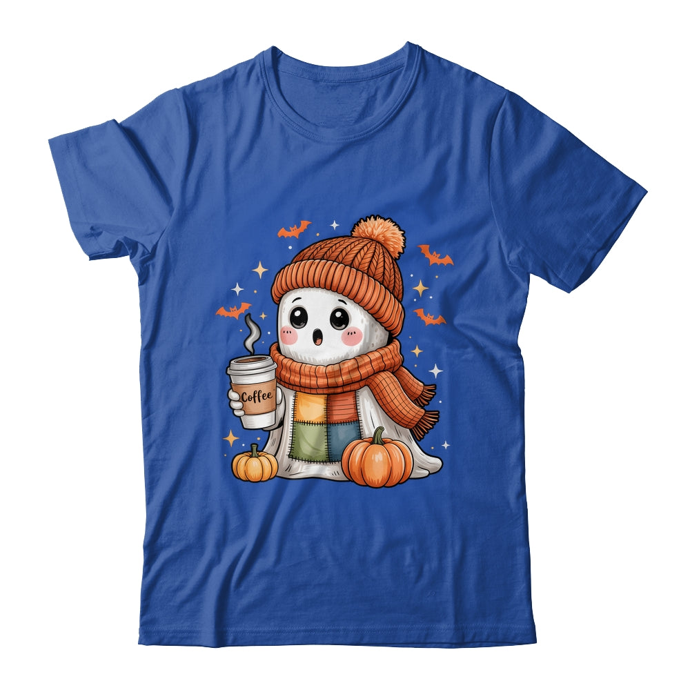 Cute Ghost Drinking Coffee Halloween Patchwork Ghost Women Shirt & Hoodie | siriusteestore