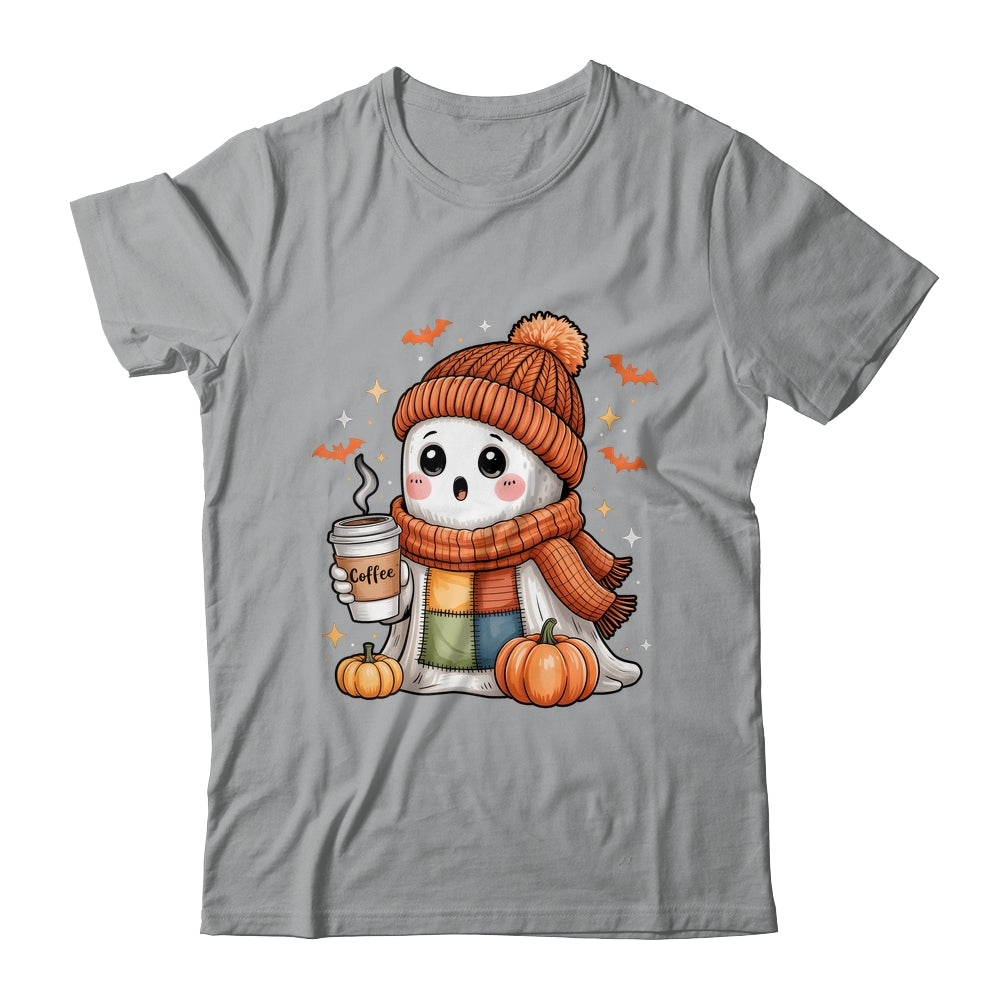 Cute Ghost Drinking Coffee Halloween Patchwork Ghost Women Shirt & Hoodie | siriusteestore