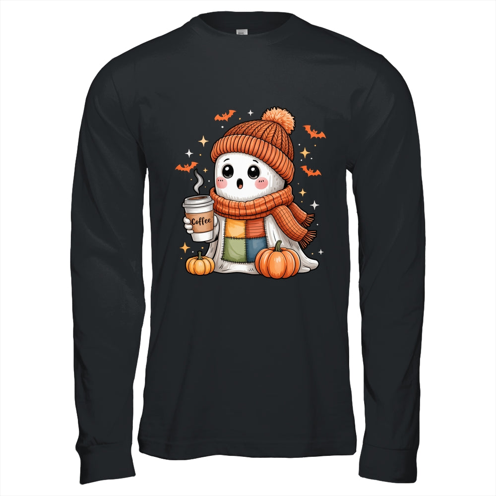 Cute Ghost Drinking Coffee Halloween Patchwork Ghost Women Shirt & Hoodie | siriusteestore