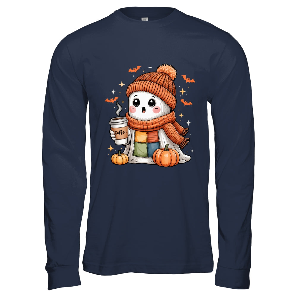 Cute Ghost Drinking Coffee Halloween Patchwork Ghost Women Shirt & Hoodie | siriusteestore