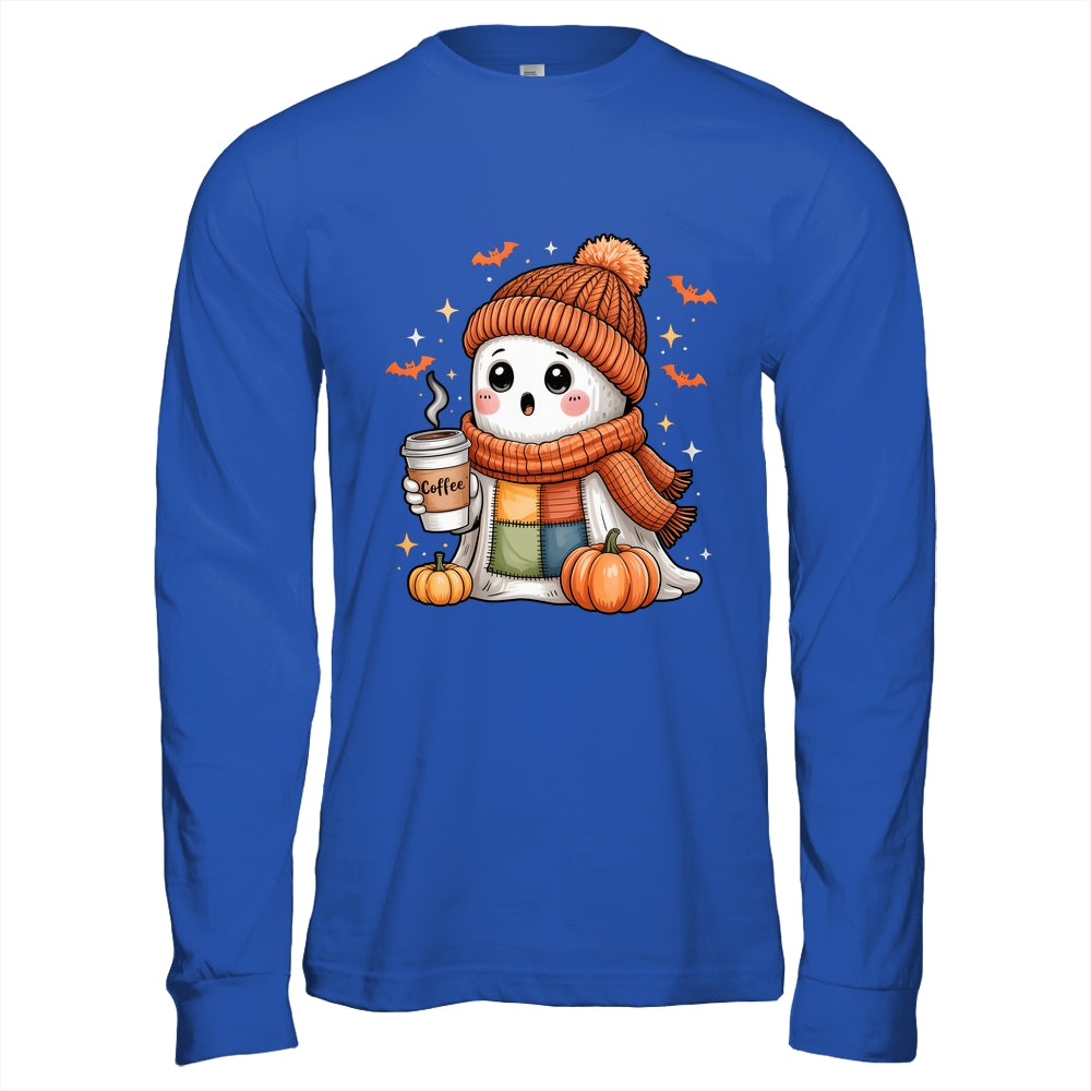 Cute Ghost Drinking Coffee Halloween Patchwork Ghost Women Shirt & Hoodie | siriusteestore