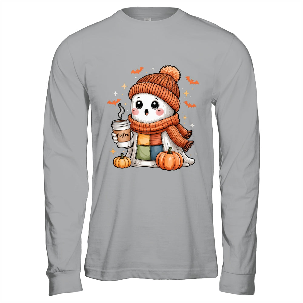 Cute Ghost Drinking Coffee Halloween Patchwork Ghost Women Shirt & Hoodie | siriusteestore