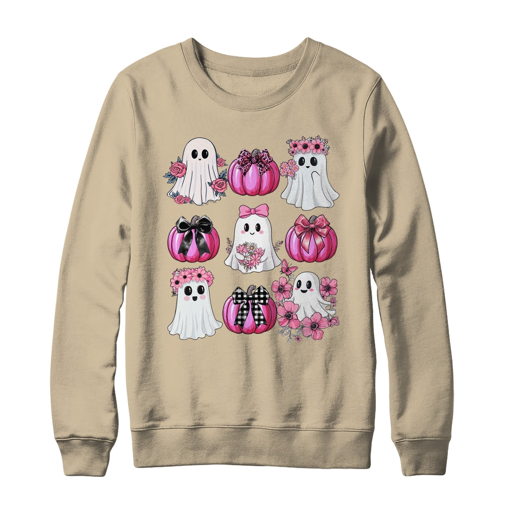 Cute Ghost Florals Pink Coquette Bows Pumpkins Halloween Shirt & Sweatshirt | siriusteestore