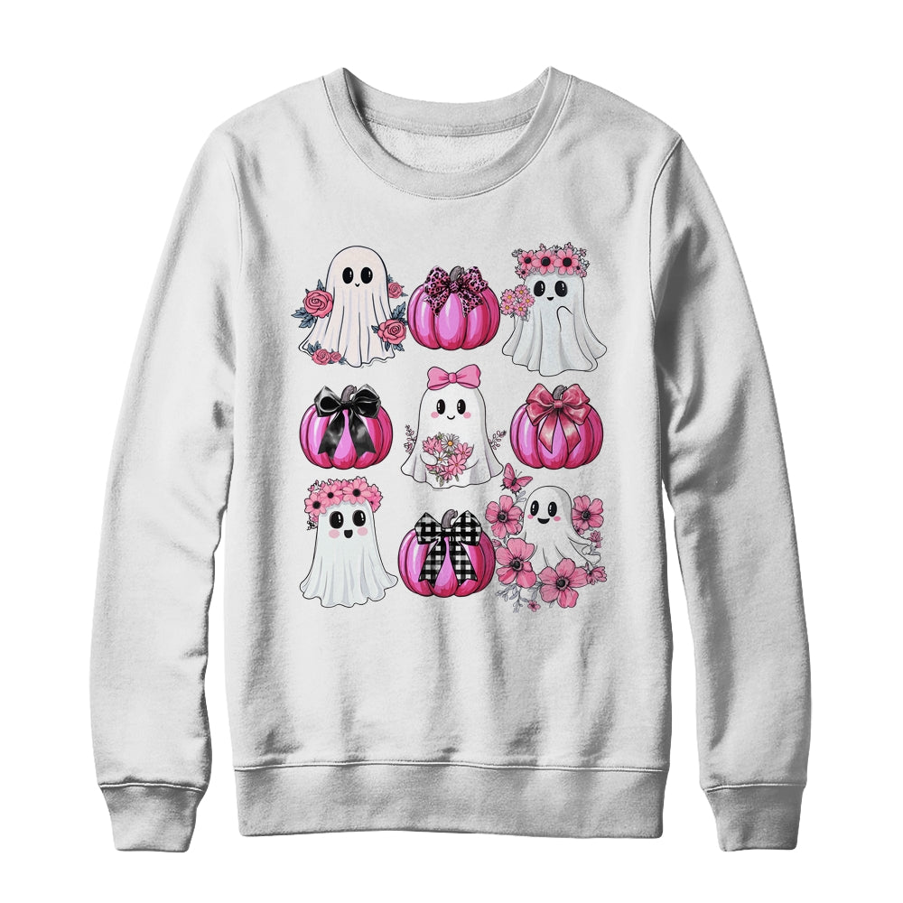 Cute Ghost Florals Pink Coquette Bows Pumpkins Halloween Shirt & Sweatshirt | siriusteestore
