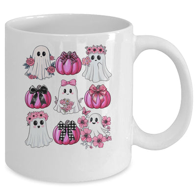 Cute Ghost Florals Pink Coquette Bows Pumpkins Halloween Mug | siriusteestore