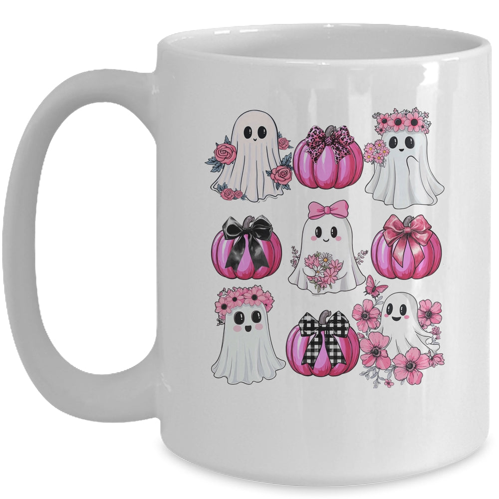 Cute Ghost Florals Pink Coquette Bows Pumpkins Halloween Mug | siriusteestore