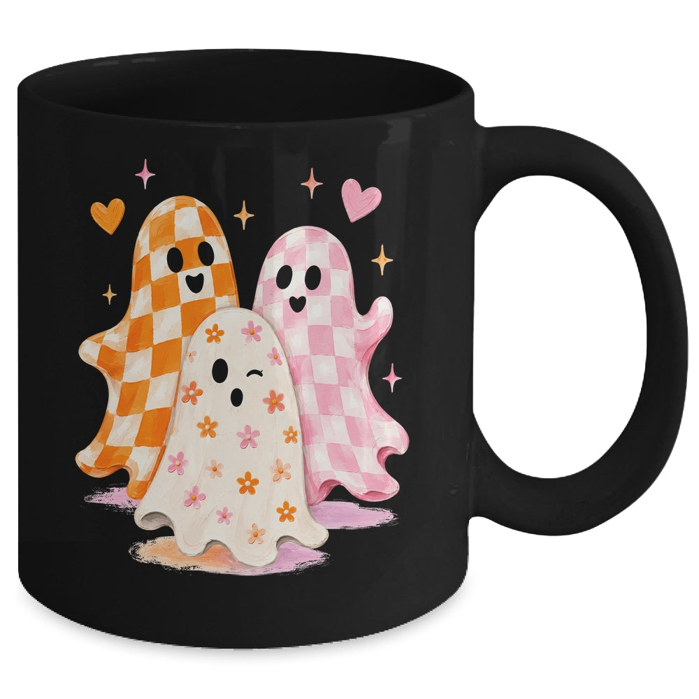 Cute Ghost Halloween Flower Checkered Coquette Spooky Season Mug | siriusteestore