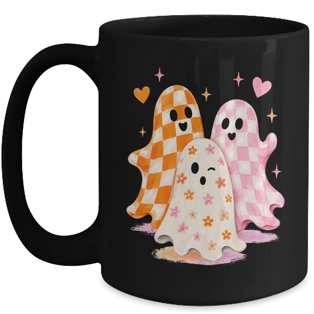 Cute Ghost Halloween Flower Checkered Coquette Spooky Season Mug | siriusteestore