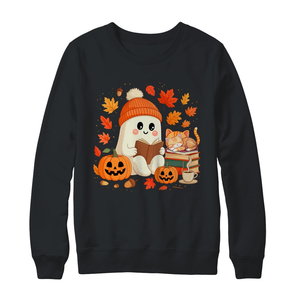 Cute Ghost Reading Book Lovers Autumn Fall Halloween Ghost Shirt & Sweatshirt | siriusteestore