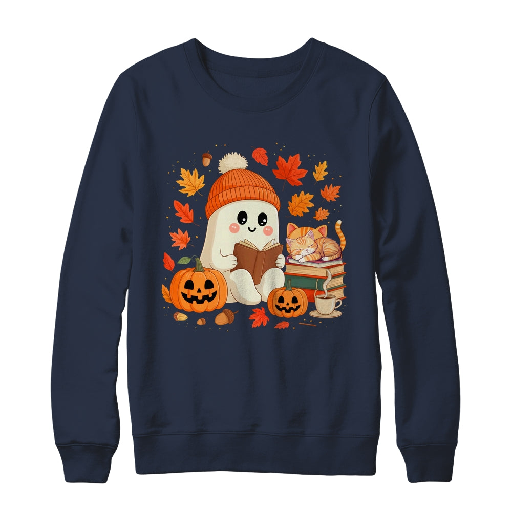 Cute Ghost Reading Book Lovers Autumn Fall Halloween Ghost Shirt & Sweatshirt | siriusteestore