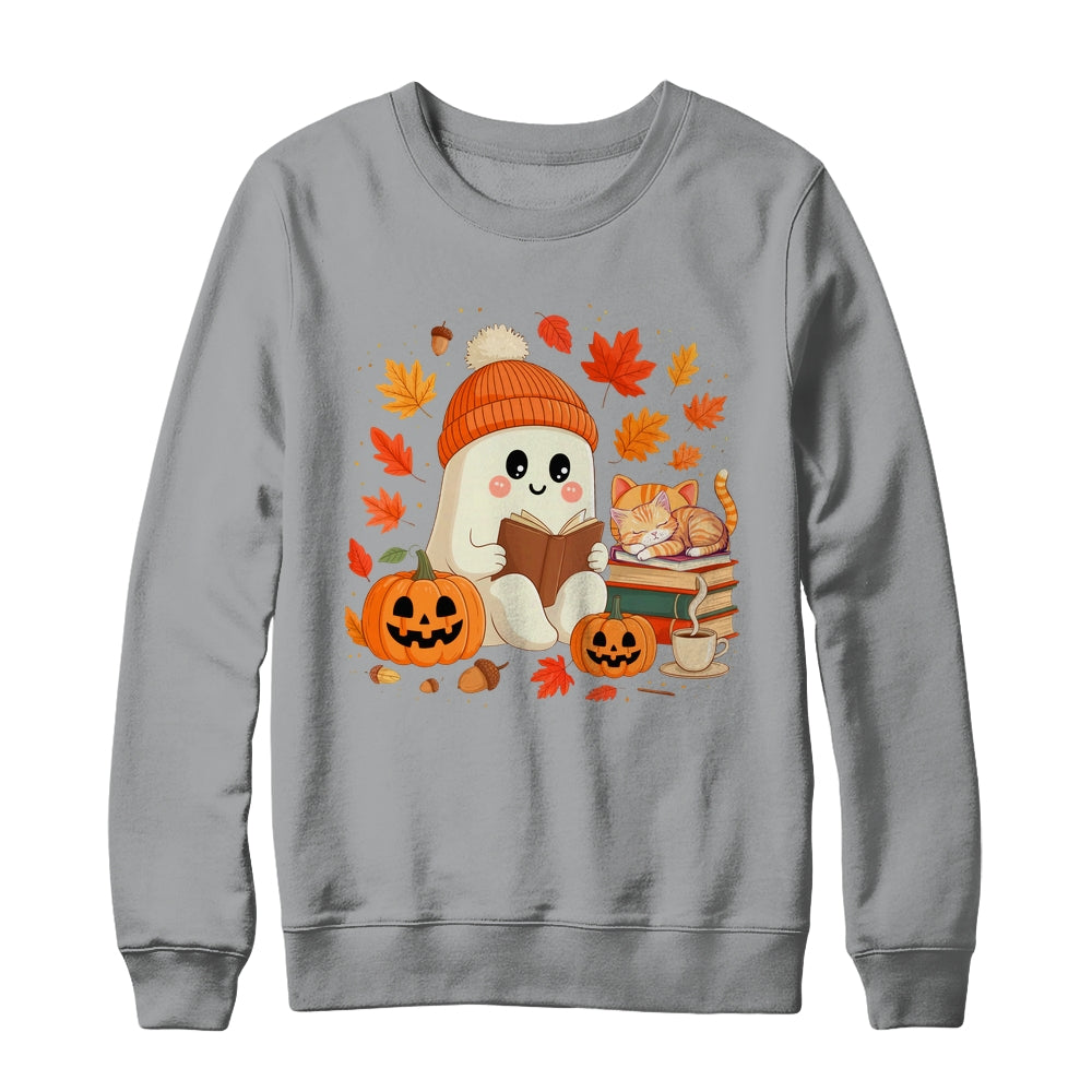 Cute Ghost Reading Book Lovers Autumn Fall Halloween Ghost Shirt & Sweatshirt | siriusteestore