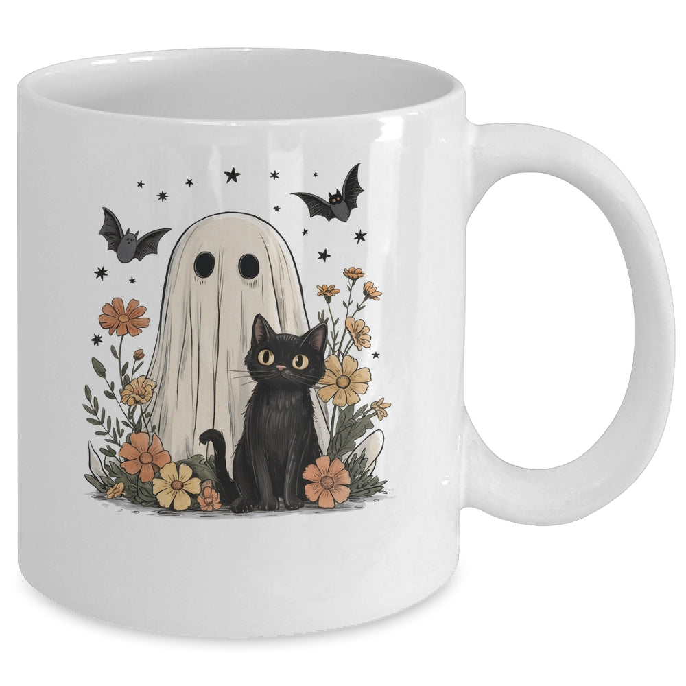 Cute Halloween Ghost And Cat Retro Spooky Season Floral Mug | siriusteestore