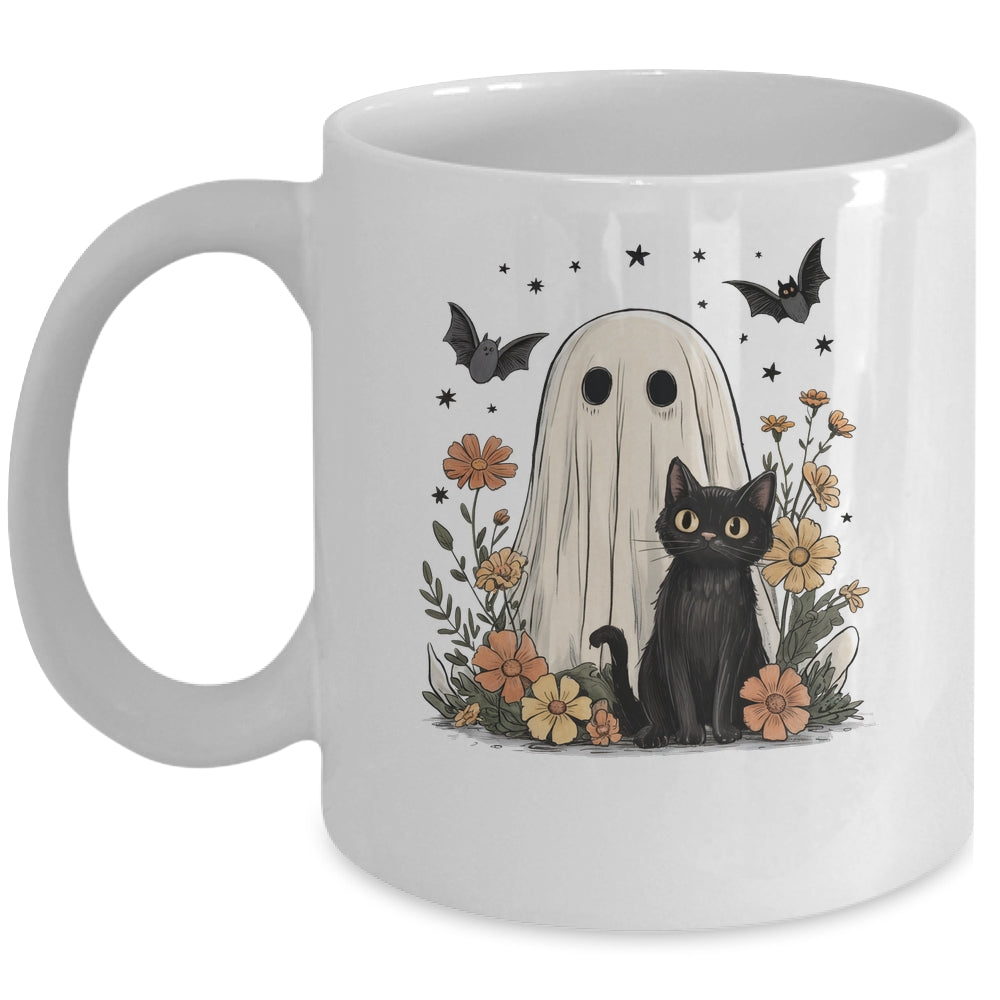 Cute Halloween Ghost And Cat Retro Spooky Season Floral Mug | siriusteestore