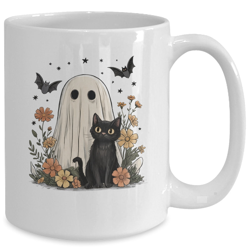 Cute Halloween Ghost And Cat Retro Spooky Season Floral Mug | siriusteestore