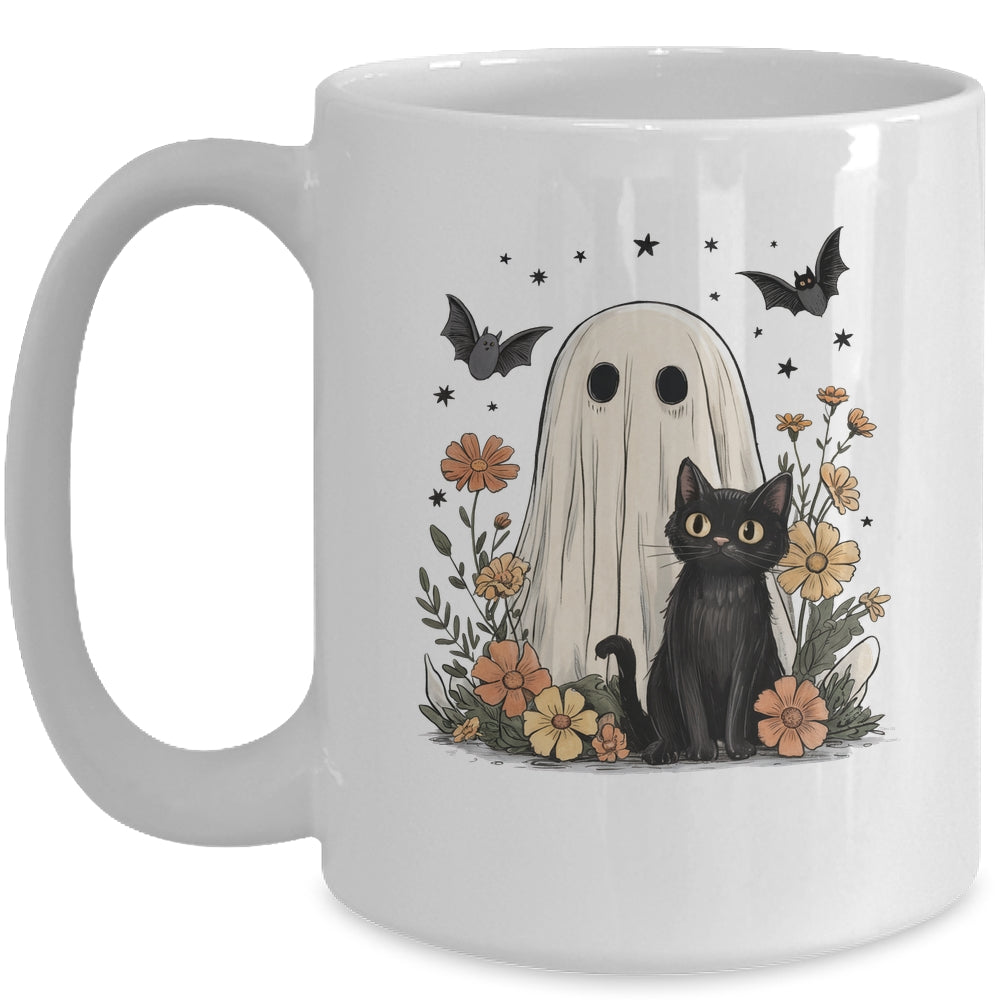 Cute Halloween Ghost And Cat Retro Spooky Season Floral Mug | siriusteestore