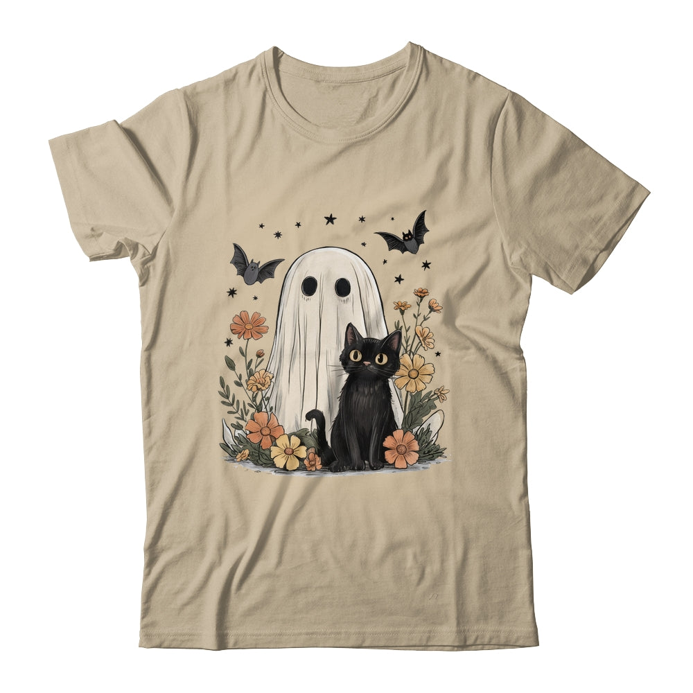 Cute Halloween Ghost And Cat Retro Spooky Season Floral Shirt & Sweatshirt | siriusteestore