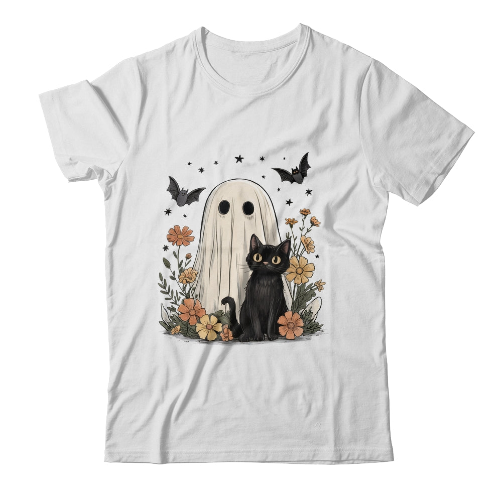 Cute Halloween Ghost And Cat Retro Spooky Season Floral Shirt & Sweatshirt | siriusteestore