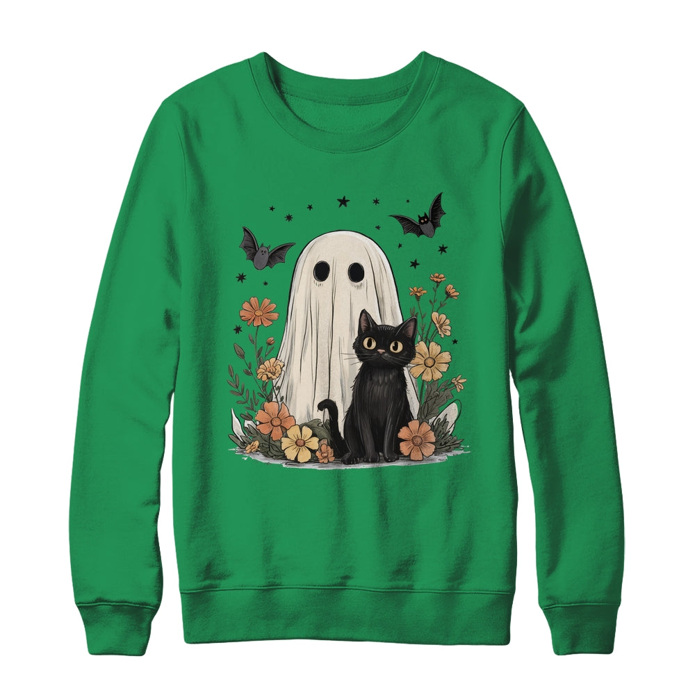Cute Halloween Ghost And Cat Retro Spooky Season Floral Shirt & Sweatshirt | siriusteestore