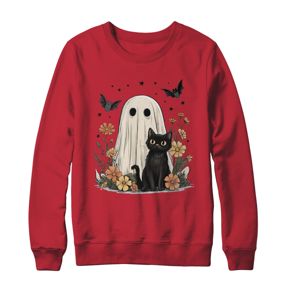 Cute Halloween Ghost And Cat Retro Spooky Season Floral Shirt & Sweatshirt | siriusteestore
