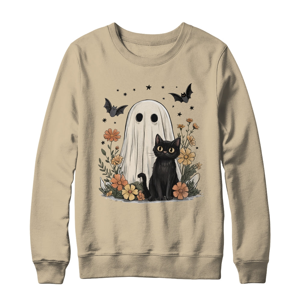 Cute Halloween Ghost And Cat Retro Spooky Season Floral Shirt & Sweatshirt | siriusteestore