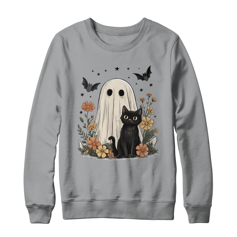 Cute Halloween Ghost And Cat Retro Spooky Season Floral Shirt & Sweatshirt | siriusteestore
