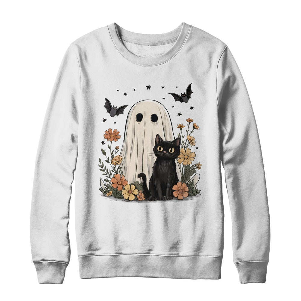 Cute Halloween Ghost And Cat Retro Spooky Season Floral Shirt & Sweatshirt | siriusteestore