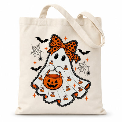 Cute Halloween Ghost Tote Bag With Orange Bow Pumpkin Bucket Aesthetic Canvas Reusable Shopping Bags For Women Trick Or Treat Spooky Season Gift Shoulder Bag | siriusteestore