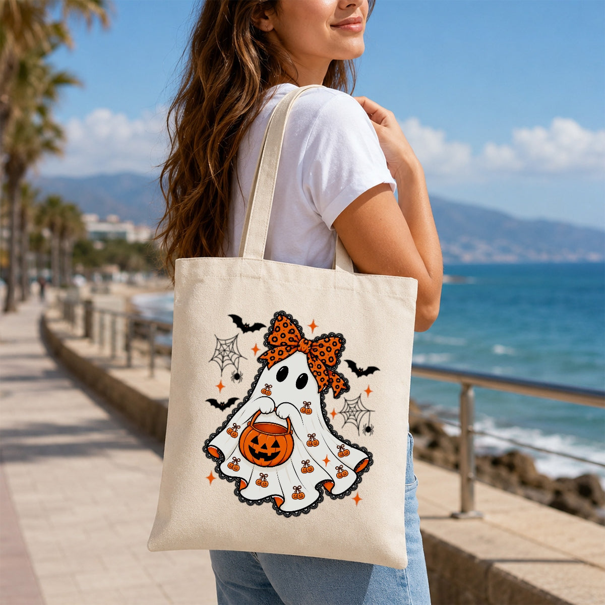 Cute Halloween Ghost Tote Bag With Orange Bow Pumpkin Bucket Aesthetic Canvas Reusable Shopping Bags For Women Trick Or Treat Spooky Season Gift Shoulder Bag | siriusteestore