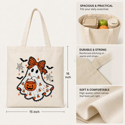 Cute Halloween Ghost Tote Bag With Orange Bow Pumpkin Bucket Aesthetic Canvas Reusable Shopping Bags For Women Trick Or Treat Spooky Season Gift Shoulder Bag | siriusteestore