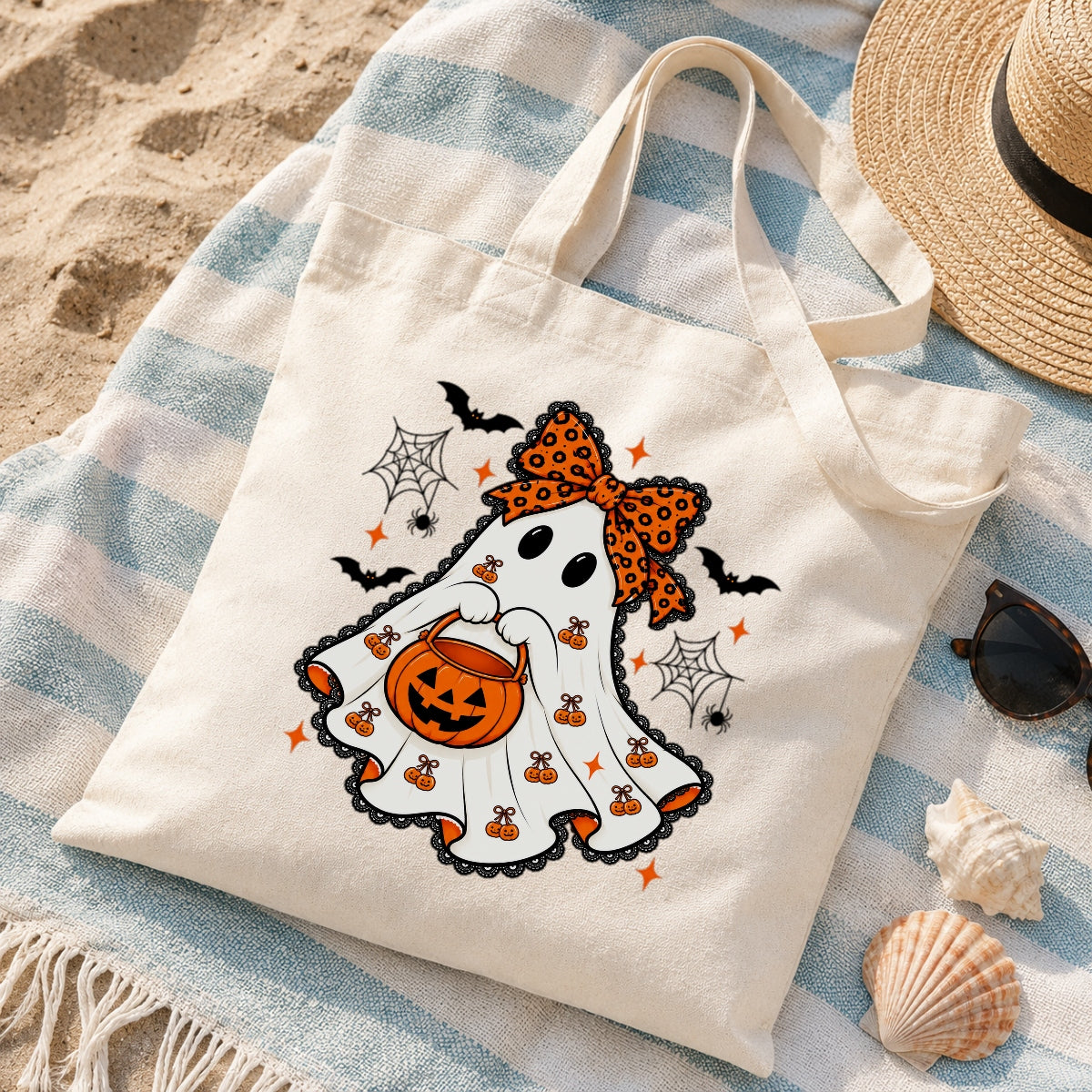 Cute Halloween Ghost Tote Bag With Orange Bow Pumpkin Bucket Aesthetic Canvas Reusable Shopping Bags For Women Trick Or Treat Spooky Season Gift Shoulder Bag | siriusteestore