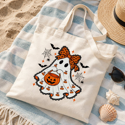 Cute Halloween Ghost Tote Bag With Orange Bow Pumpkin Bucket Aesthetic Canvas Reusable Shopping Bags For Women Trick Or Treat Spooky Season Gift Shoulder Bag | siriusteestore