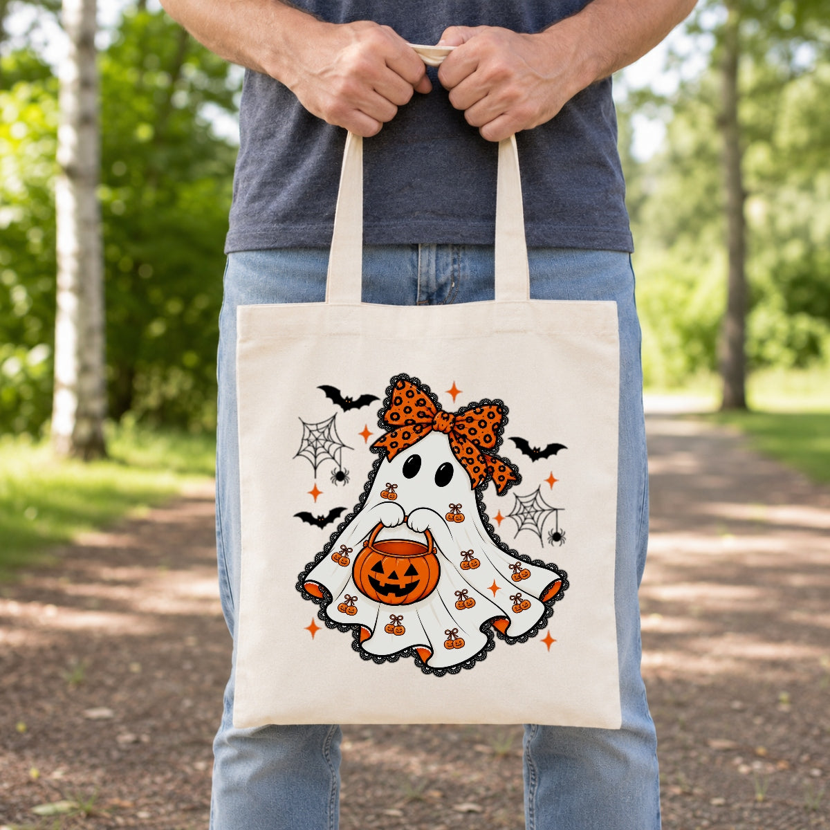 Cute Halloween Ghost Tote Bag With Orange Bow Pumpkin Bucket Aesthetic Canvas Reusable Shopping Bags For Women Trick Or Treat Spooky Season Gift Shoulder Bag | siriusteestore