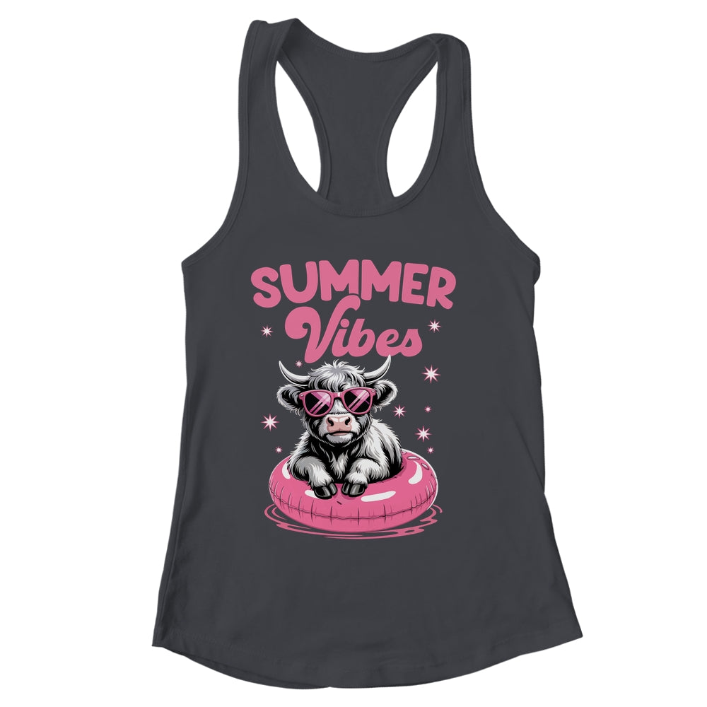 Cute Hello Summer Vibes Highland Cow Funny Beach Vacation Shirt & Tank Top | siriusteestore