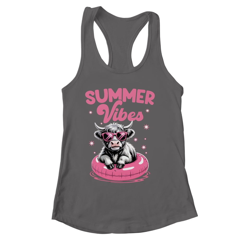Cute Hello Summer Vibes Highland Cow Funny Beach Vacation Shirt & Tank Top | siriusteestore