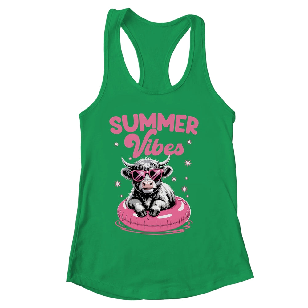 Cute Hello Summer Vibes Highland Cow Funny Beach Vacation Shirt & Tank Top | siriusteestore