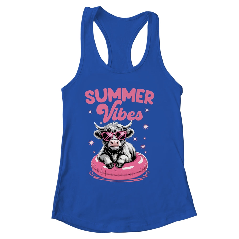 Cute Hello Summer Vibes Highland Cow Funny Beach Vacation Shirt & Tank Top | siriusteestore
