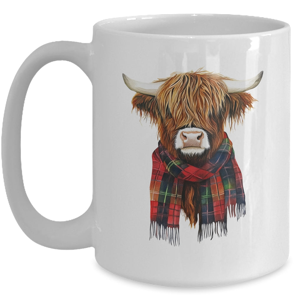 Cute Highland Cow Wearing Buffalo Plaid Scarf Farming Farmer Mug | siriusteestore
