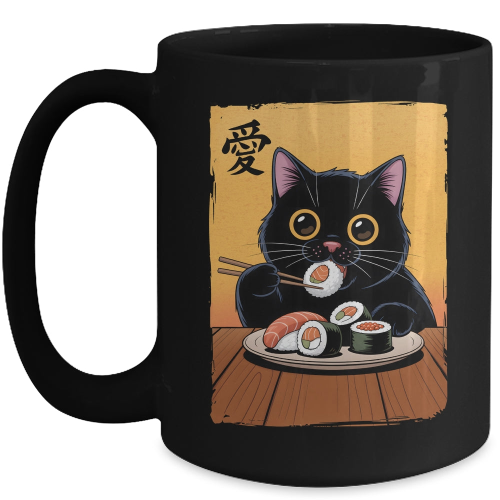 Cute Kawaii Black Cat Eating Sushi Funny Japanese Black Cat Mug | siriusteestore
