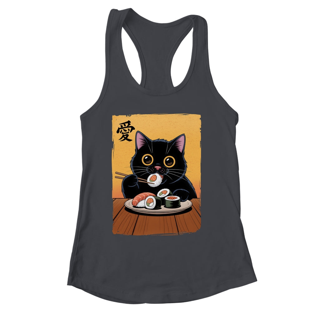 Cute Kawaii Black Cat Eating Sushi Funny Japanese Black Cat Shirt & Tank Top | siriusteestore
