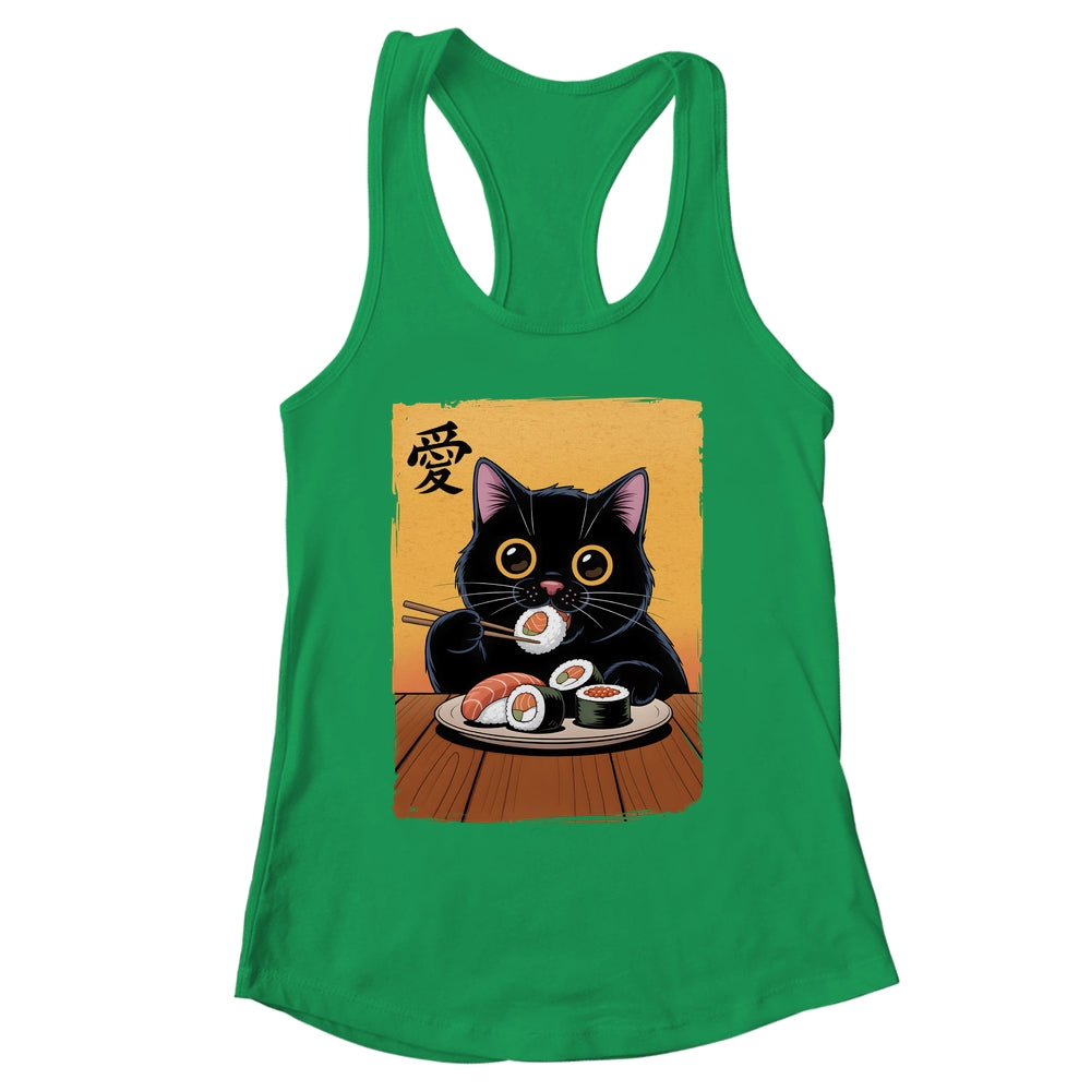 Cute Kawaii Black Cat Eating Sushi Funny Japanese Black Cat Shirt & Tank Top | siriusteestore