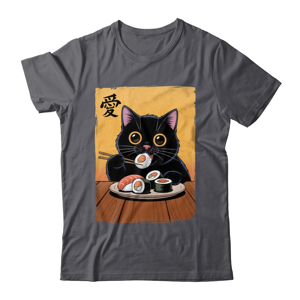 Cute Kawaii Black Cat Eating Sushi Funny Japanese Black Cat Shirt & Tank Top | siriusteestore