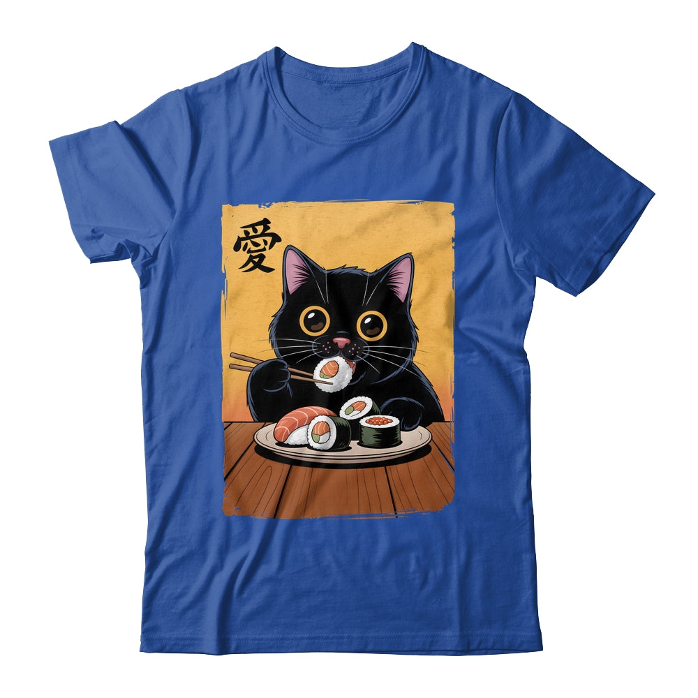 Cute Kawaii Black Cat Eating Sushi Funny Japanese Black Cat Shirt & Tank Top | siriusteestore