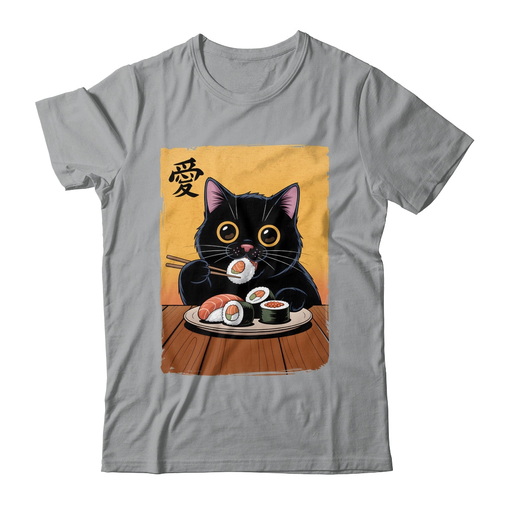 Cute Kawaii Black Cat Eating Sushi Funny Japanese Black Cat Shirt & Tank Top | siriusteestore